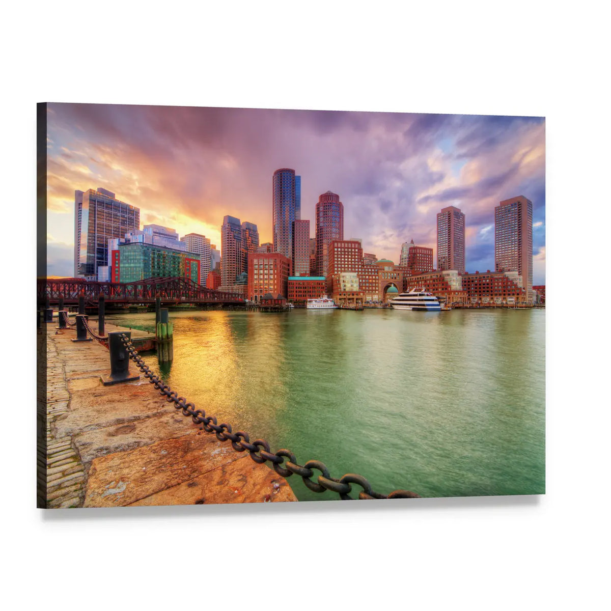 Boston Harbor Skyline at Sunset Canvas Wall Art, single panel gallery wrapped canvas, angled product view