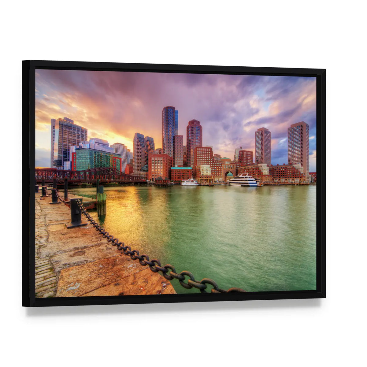 Boston Harbor Skyline at Sunset Canvas Wall Art, framed canvas in a black floater frame, angled product view