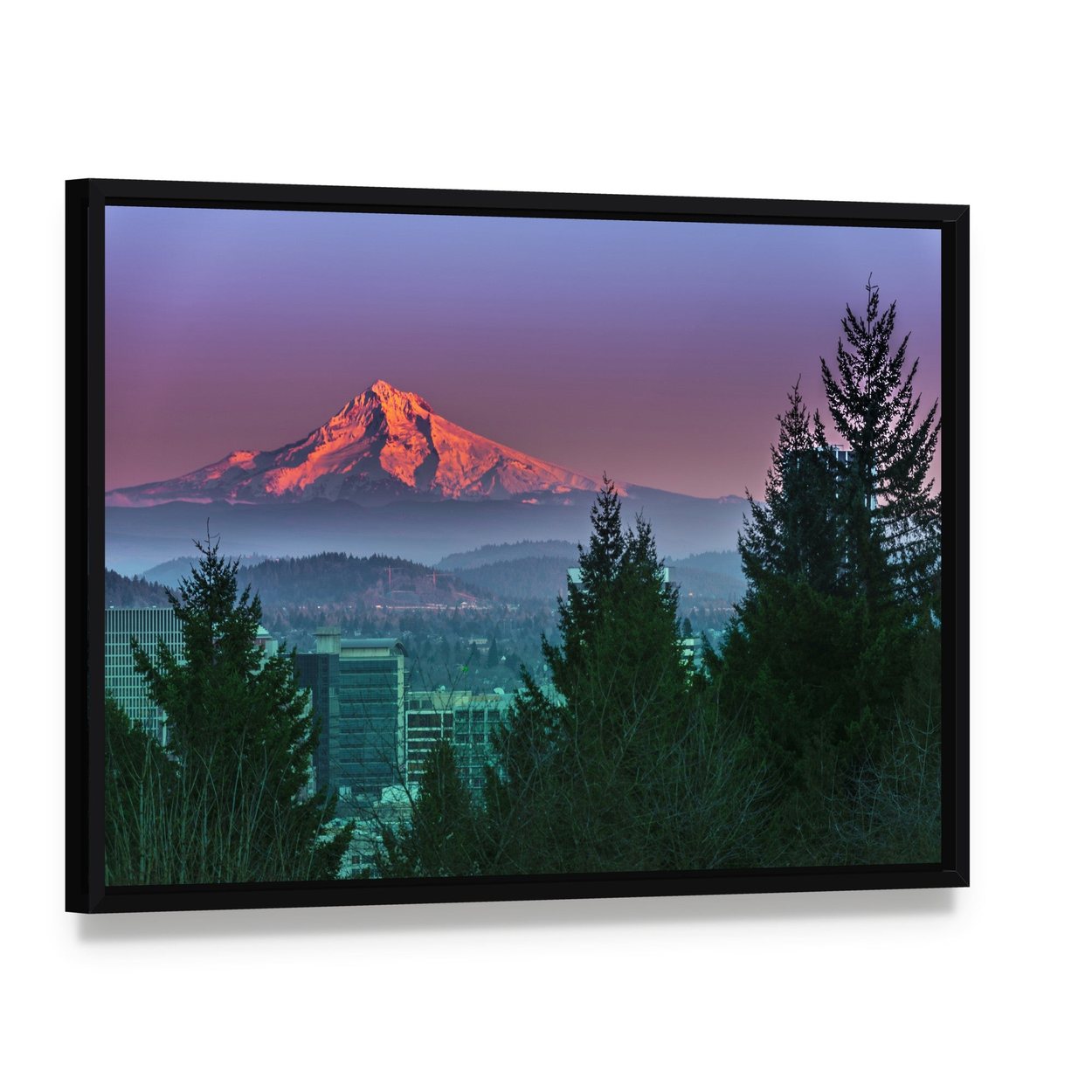 Mt Hood at Sunset Canvas Wall Art, framed canvas in a black floater frame, angled product view