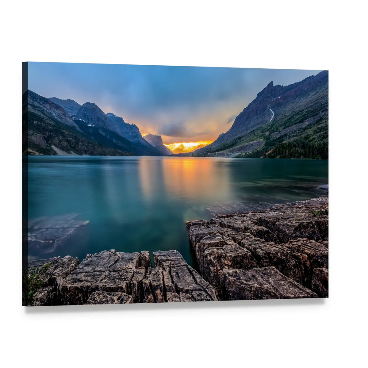 Sunset Over Mountain Lake Canvas Wall Art, single panel gallery wrapped canvas, angled product view