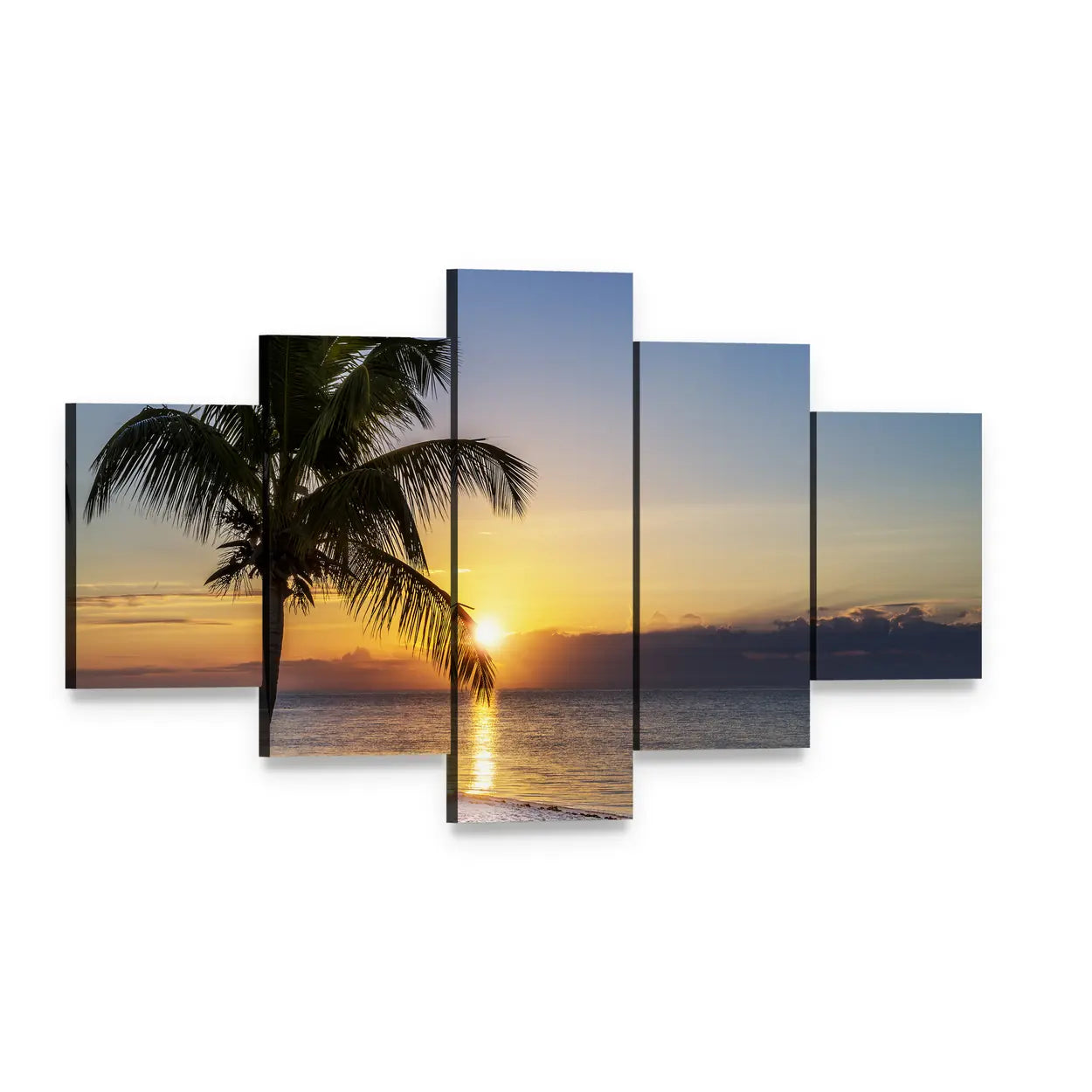 Golden Hour Beach Palm Silhouette Canvas Wall Art, 5 panel 5 Star layout gallery wrapped canvas set, angled product view