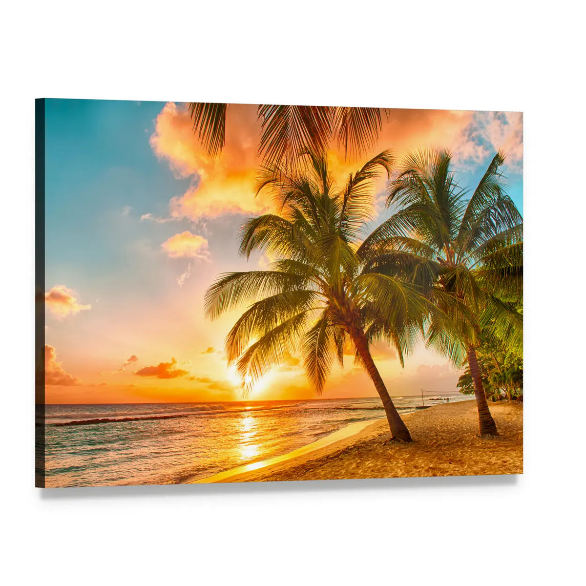 Barbados Beach Sunset with Palm Trees Canvas Wall Art, single panel gallery wrapped canvas, angled product view