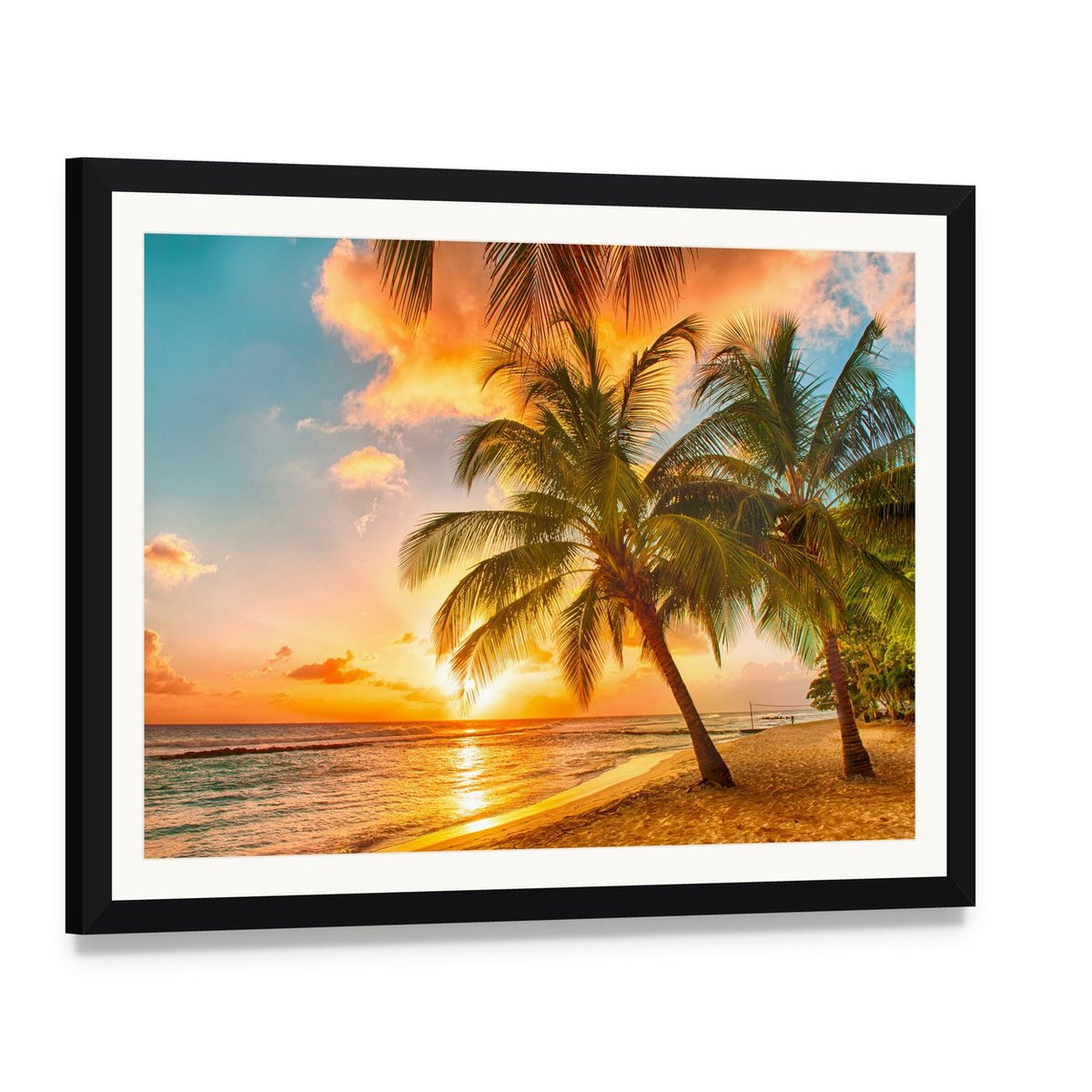 Sunset Beach in Barbados Canvas Wall Art, framed print with white mat and black frame, angled product view