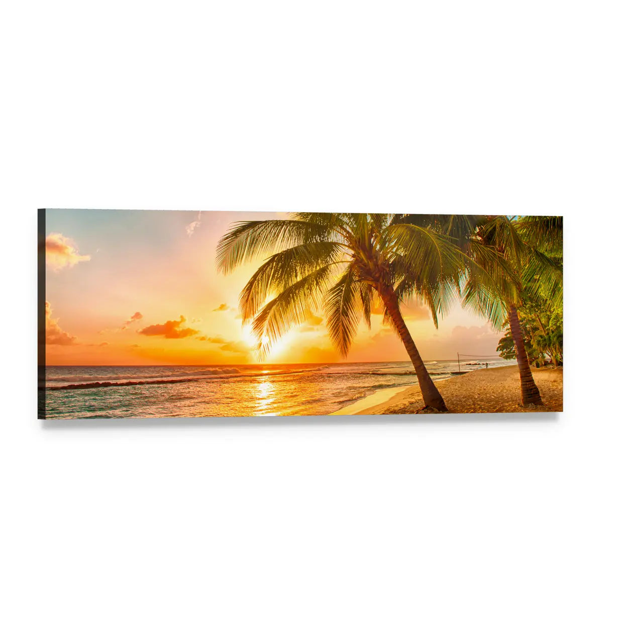 Barbados Sunset with Palm Trees Panoramic Canvas Wall Art, single panel gallery wrapped canvas, angled product view