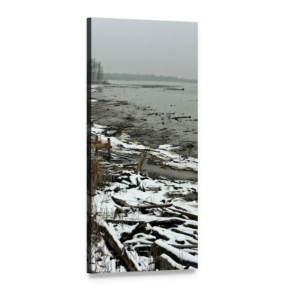 Snow-covered Driftwood on Quiet Shore Vertical Canvas Wall Art, 1 panel 1 Vertical layout gallery wrapped canvas set, angled product view