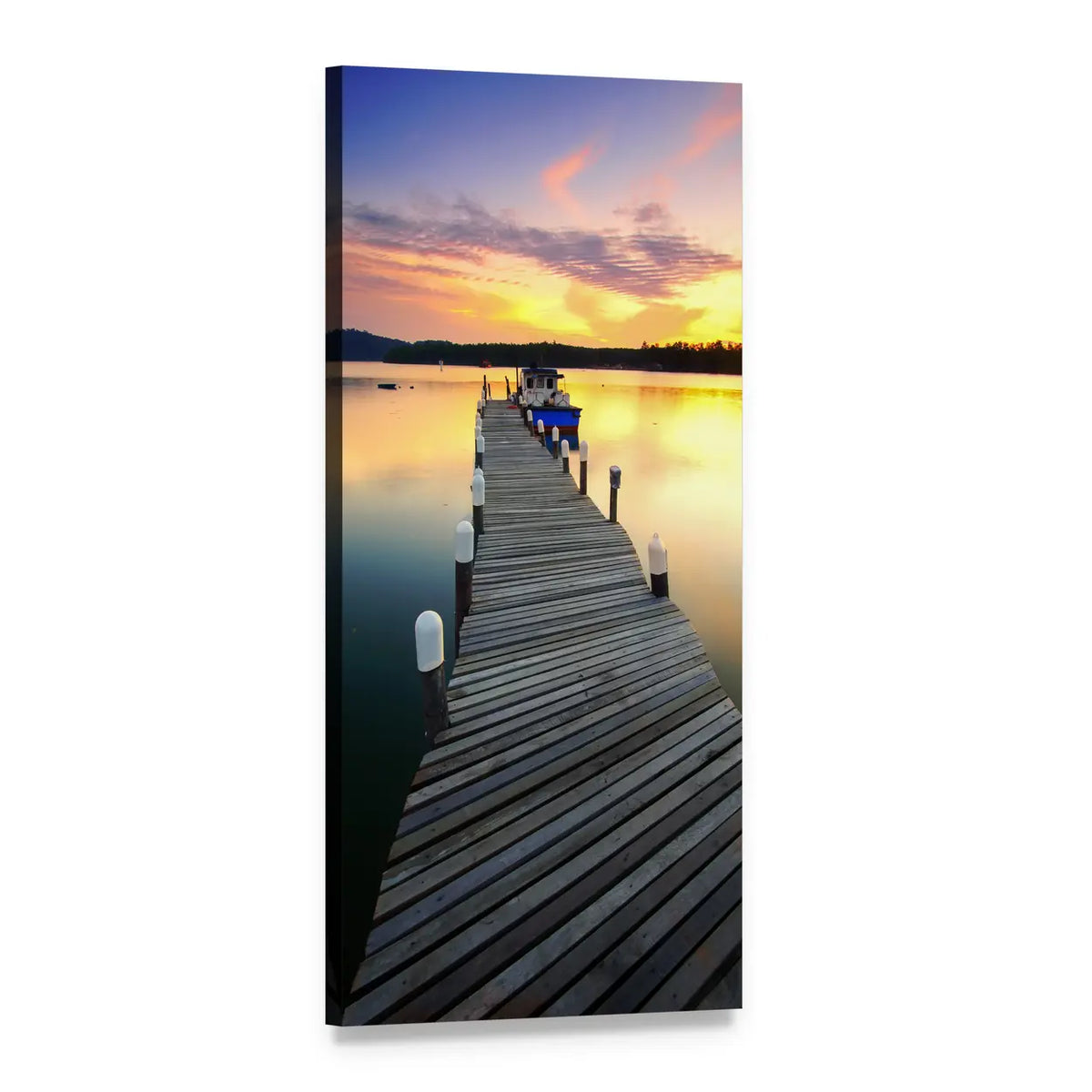 Sunset Dock and Boat Vertical Canvas Wall Art, 1 panel 1 Vertical layout gallery wrapped canvas set, angled product view