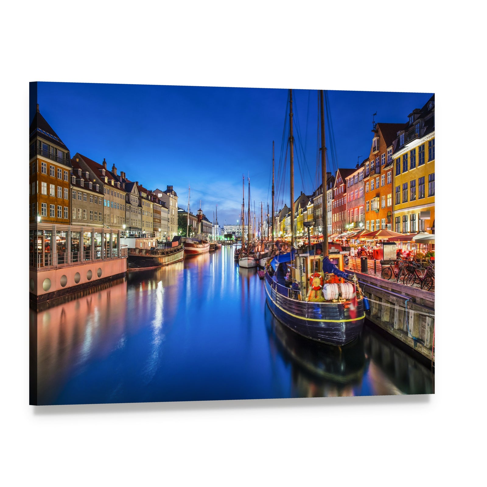 Vibrant Nyhavn Canal Scene at Night Canvas Wall Art, single panel gallery wrapped canvas, angled product view