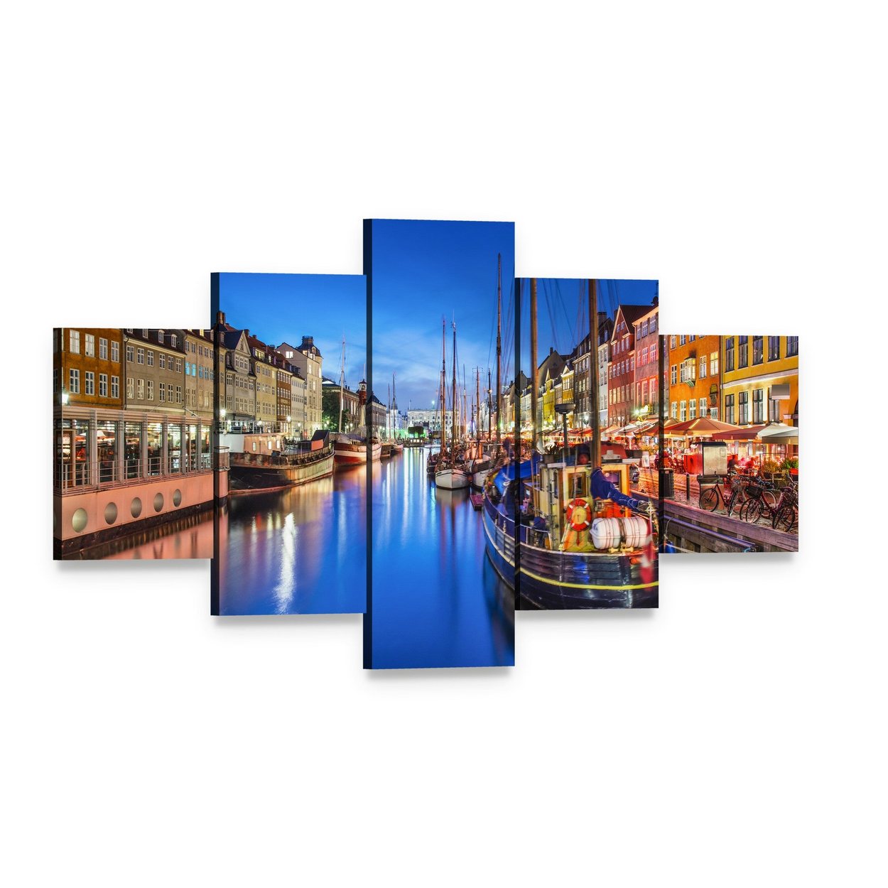 Vibrant Nyhavn Canal Scene at Night Canvas Wall Art, 5 panel 5 Star layout gallery wrapped canvas set, angled product view