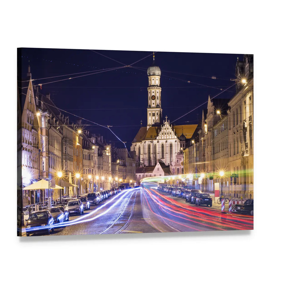 German Night Street with Clock Tower and Light Trails Canvas Wall Art, single panel gallery wrapped canvas, angled product view