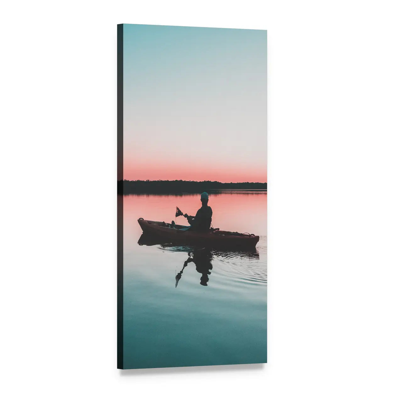 Kayaker at Sunset on Calm Lake Vertical Canvas Wall Art, 1 panel 1 Vertical layout gallery wrapped canvas set, angled product view