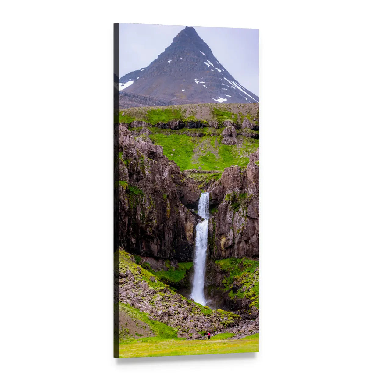 Waterfall Beneath Snow-capped Peaks Vertical Canvas Wall Art, 1 panel 1 Vertical layout gallery wrapped canvas set, angled product view