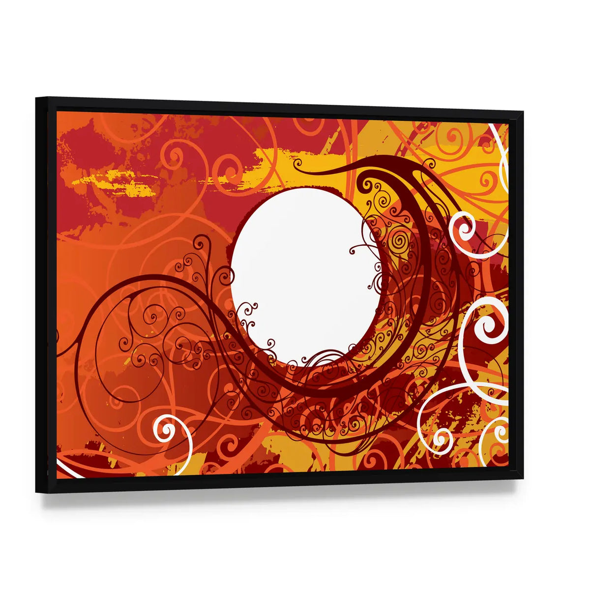 Maroon Floral Scrollwork Ornament Canvas Wall Art, framed canvas in a black floater frame, angled product view