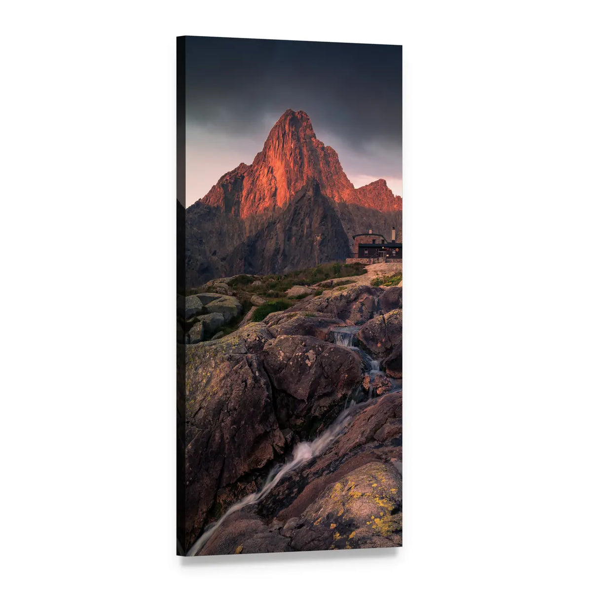 Mountain Cabin at Sunrise Vertical Canvas Wall Art, 1 panel 1 Vertical layout gallery wrapped canvas set, angled product view