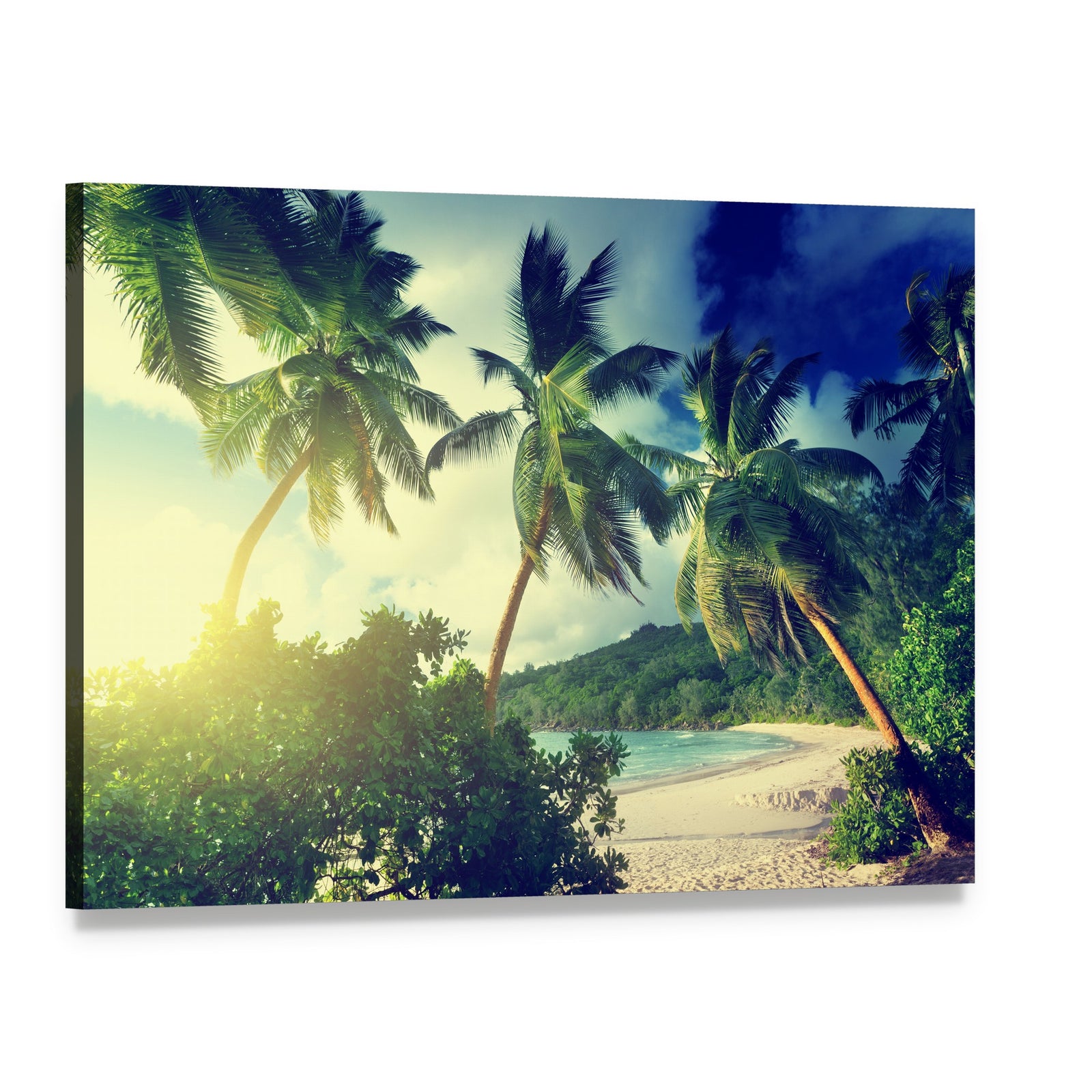 Sunset on the Beach Takamaka Mahe Island Canvas Wall Art, single panel gallery wrapped canvas, angled product view