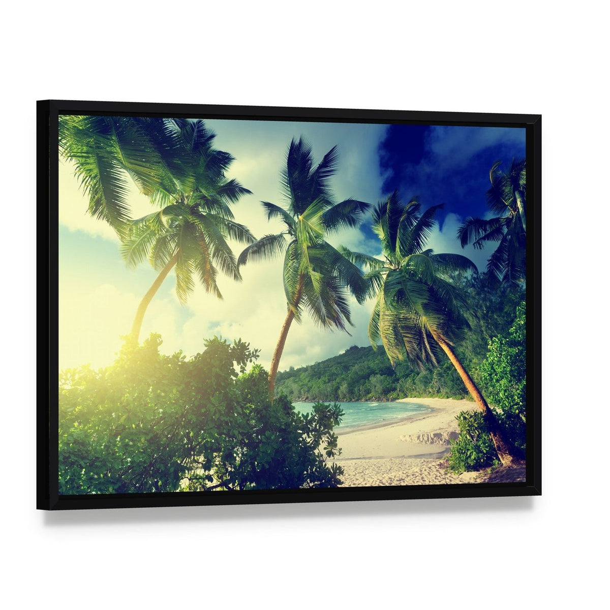 Sunset on the Beach Takamaka Mahe Island Canvas Wall Art, framed canvas in a black floater frame, angled product view