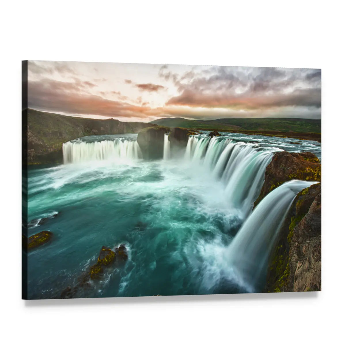 Godafoss Waterfall at Sunset Canvas Wall Art, single panel gallery wrapped canvas, angled product view