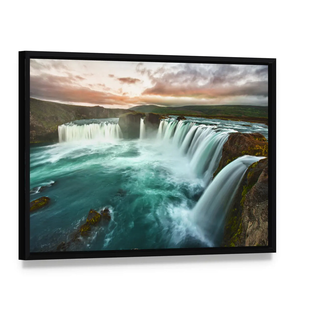 Godafoss Waterfall at Sunset Canvas Wall Art, framed canvas in a black floater frame, angled product view