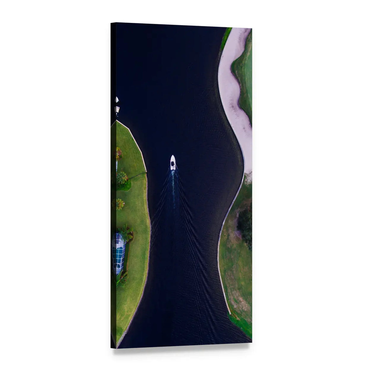 Aerial Boat Along Grassy Shoreline Vertical Canvas Wall Art, 1 panel 1 Vertical layout gallery wrapped canvas set, angled product view