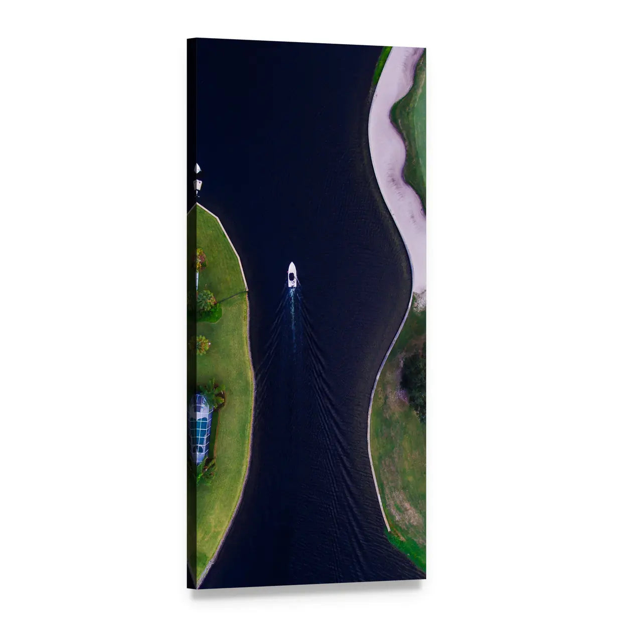Aerial Boat Along Grassy Shoreline Vertical Canvas Wall Art, 1 panel 1 Vertical layout gallery wrapped canvas set, angled product view