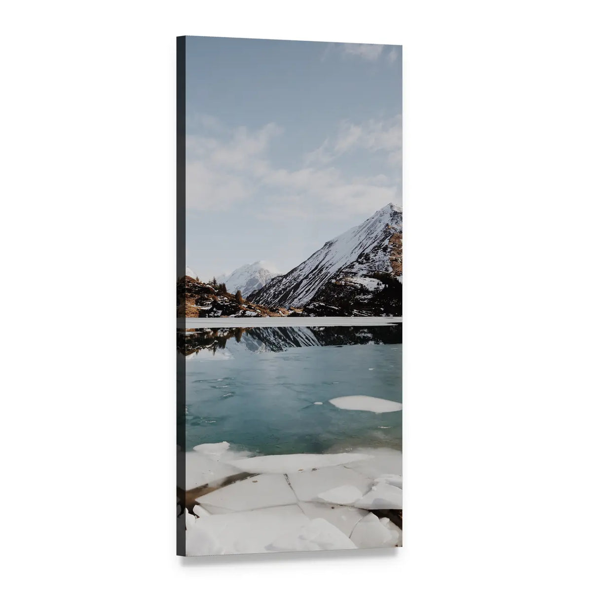 Highland Lake with Snow-capped Mountains Vertical Canvas Wall Art, 1 panel 1 Vertical layout gallery wrapped canvas set, angled product view