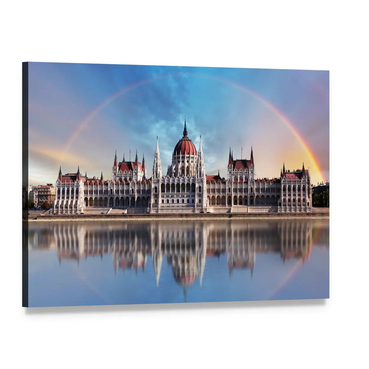 Hungarian Parliament and Danube at Dawn Canvas Wall Art, single panel gallery wrapped canvas, angled product view