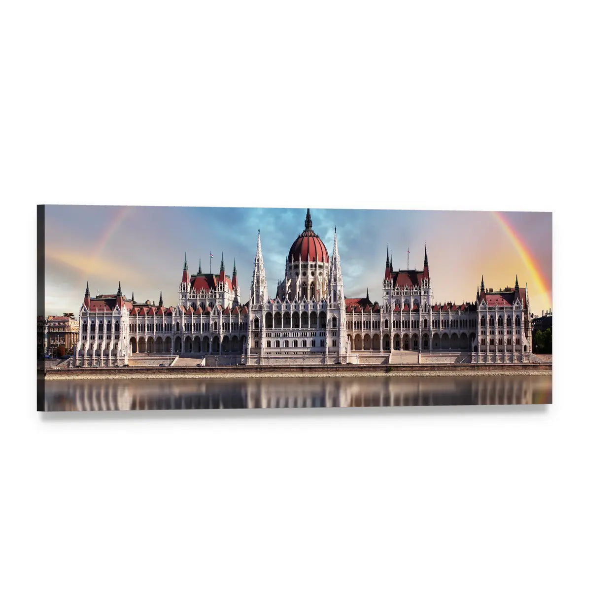 Budapest Parliament with Double Rainbow Reflection Panoramic Canvas Wall Art, single panel gallery wrapped canvas, angled product view