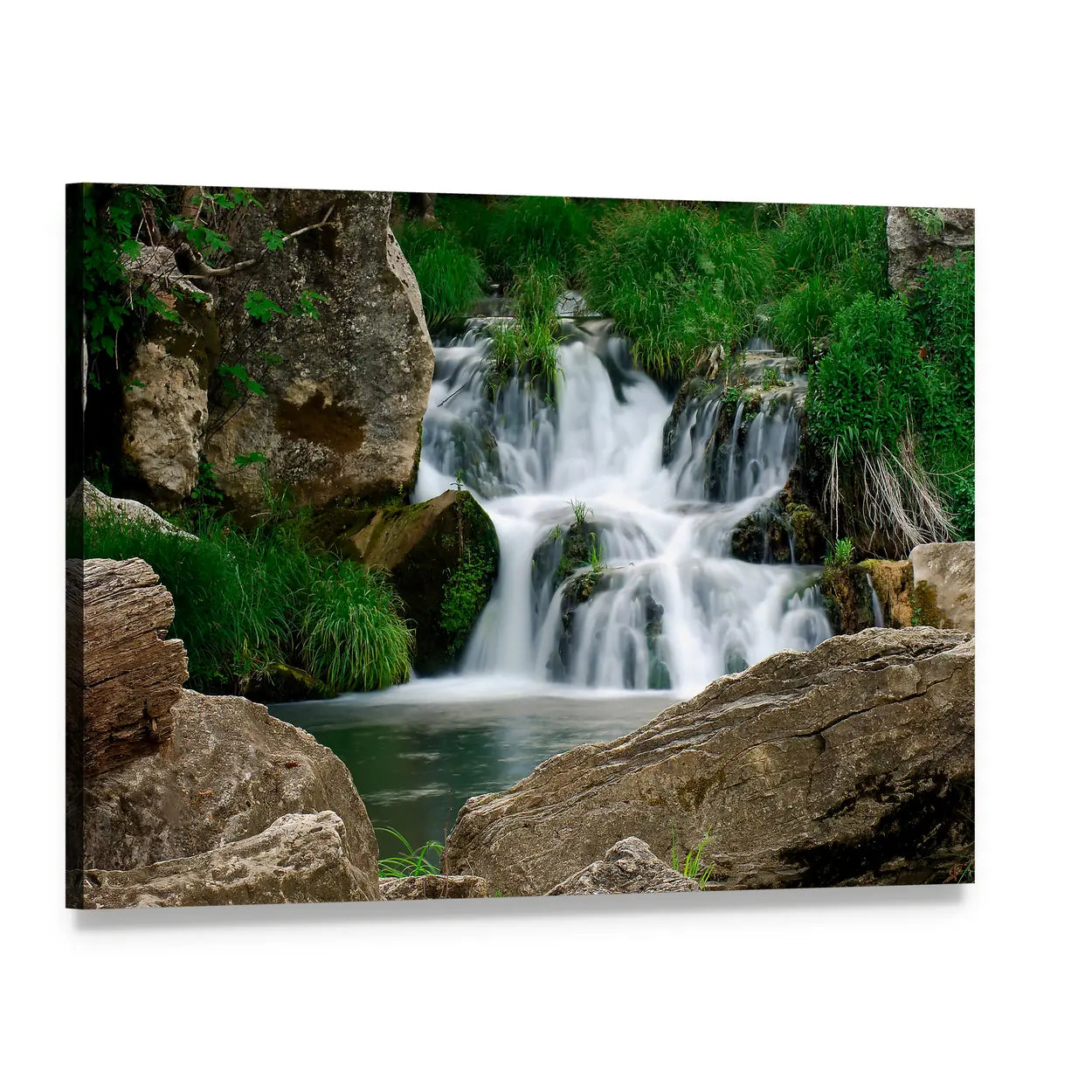 Small Forest Waterfall Canvas Wall Art, single panel gallery wrapped canvas, angled product view