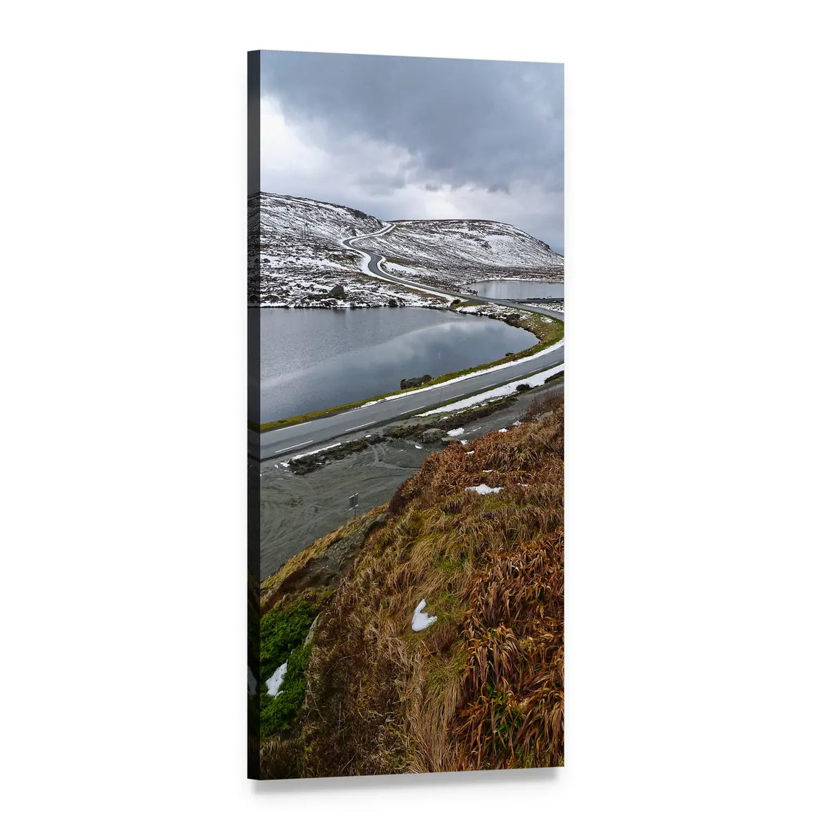 Winter Snow on Mountain Road Vertical Canvas Wall Art, 1 panel 1 Vertical layout gallery wrapped canvas set, angled product view