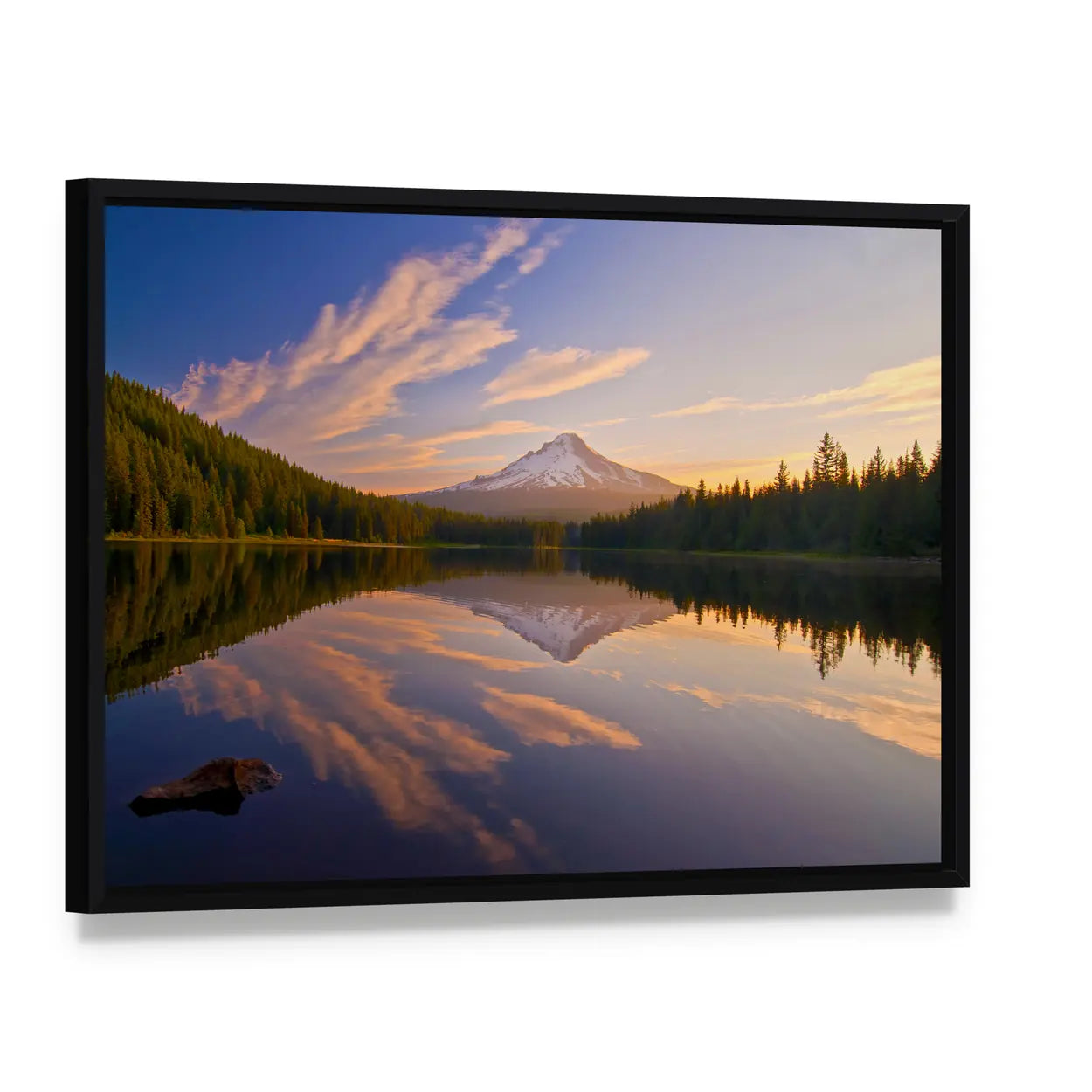 Sunrise In Trillium Lake In Oregon Canvas Wall Art, framed canvas in a black floater frame, angled product view