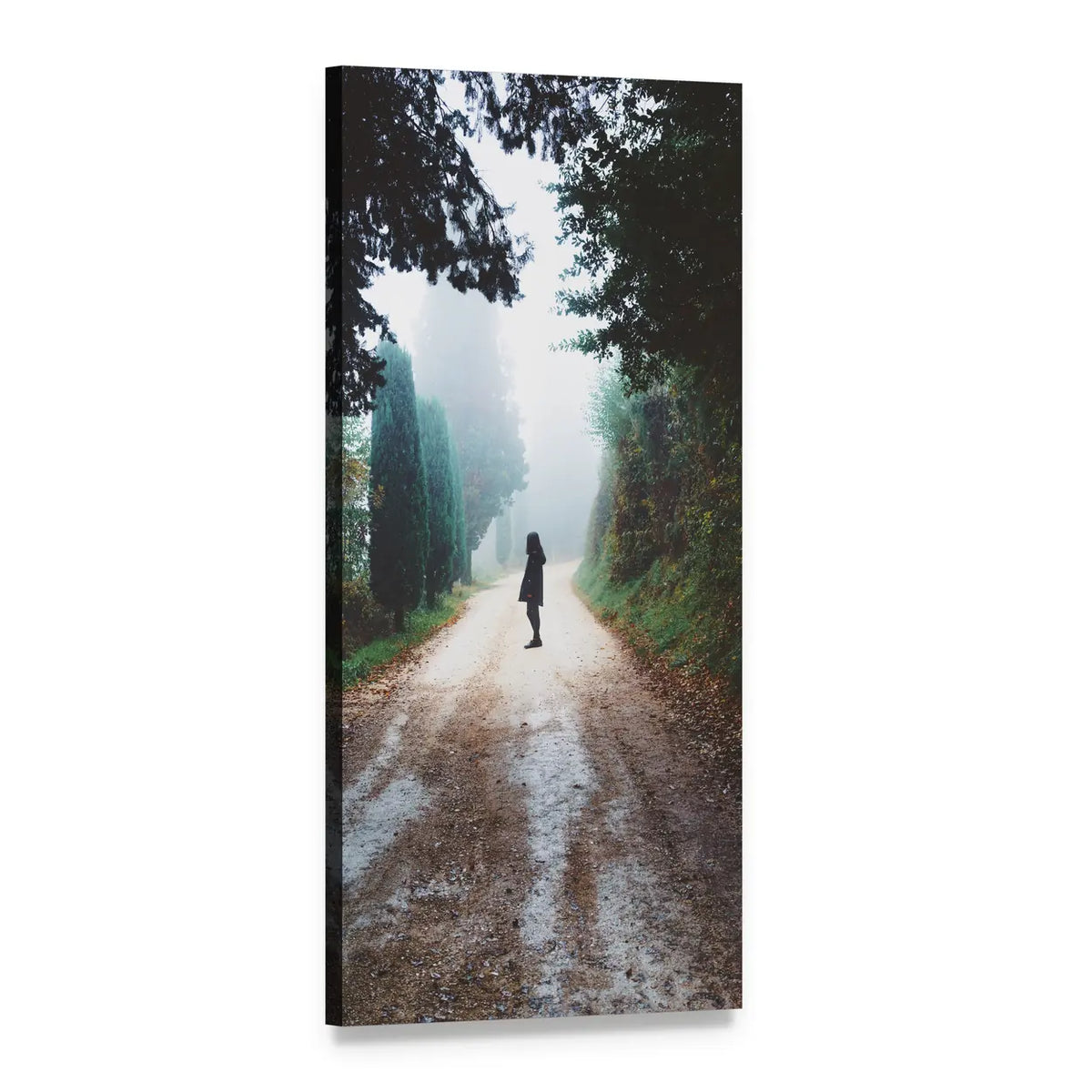 Misty Road with Silhouetted Figure Vertical Canvas Wall Art, 1 panel 1 Vertical layout gallery wrapped canvas set, angled product view