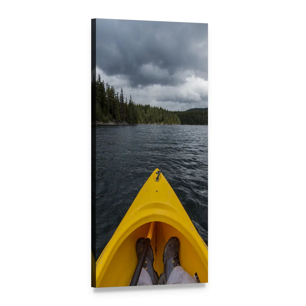 First-person Kayak on Calm Water Vertical Canvas Wall Art, 1 panel 1 Vertical layout gallery wrapped canvas set, angled product view