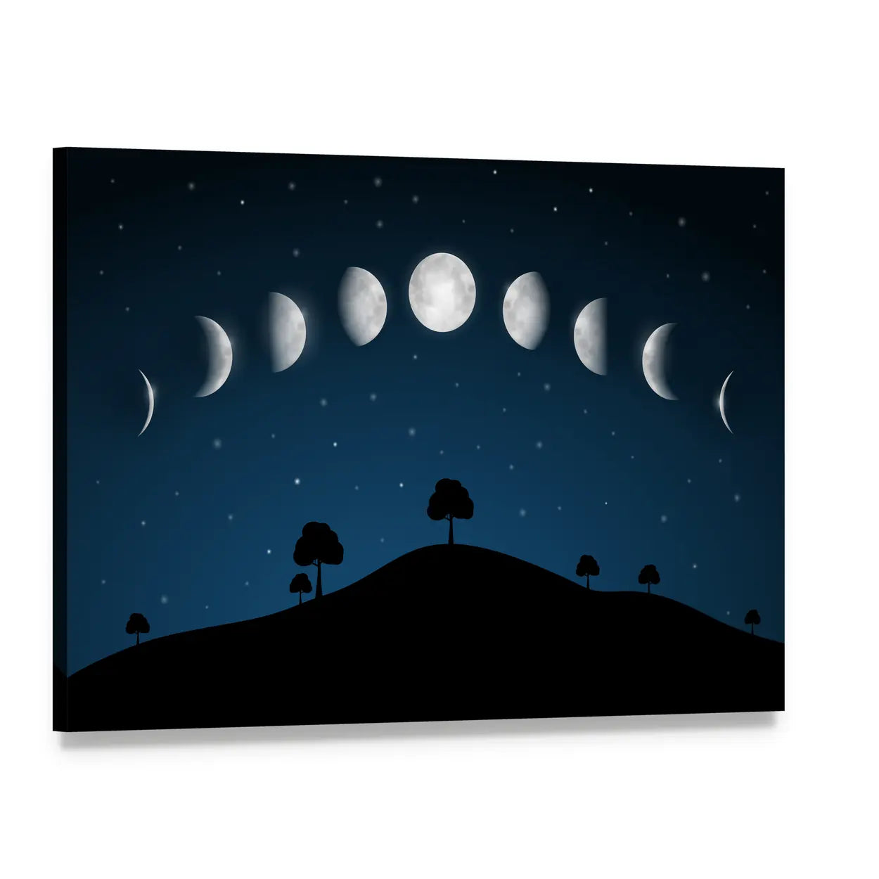 Nine Moon Phases Over Night Landscape Canvas Wall Art, single panel gallery wrapped canvas, angled product view