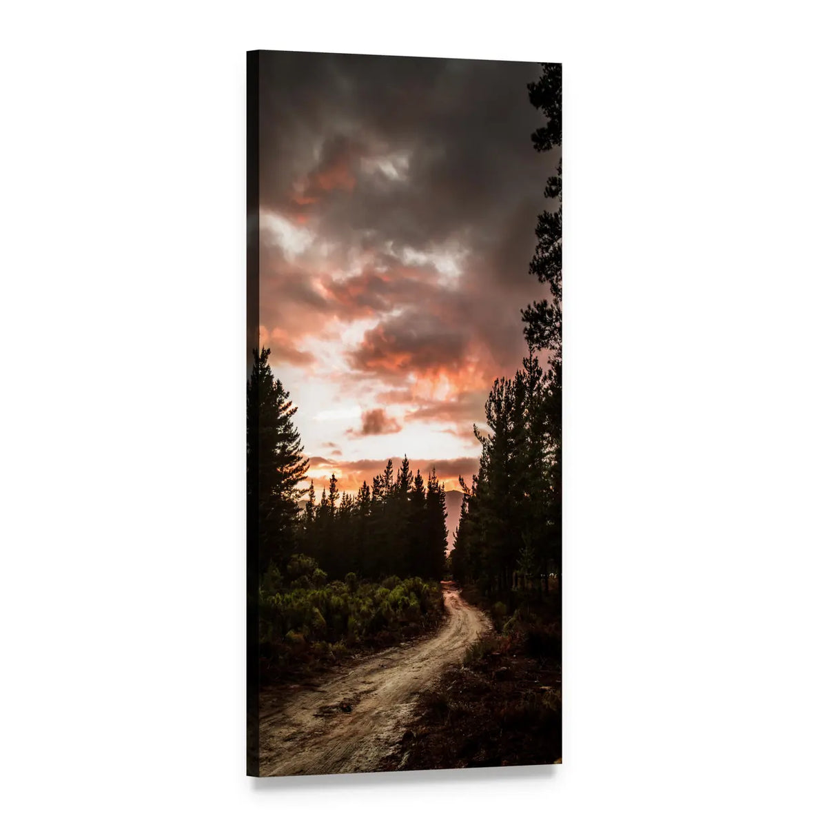 Dirt Road Into Forest at Fiery Sunset Vertical Canvas Wall Art, 1 panel 1 Vertical layout gallery wrapped canvas set, angled product view