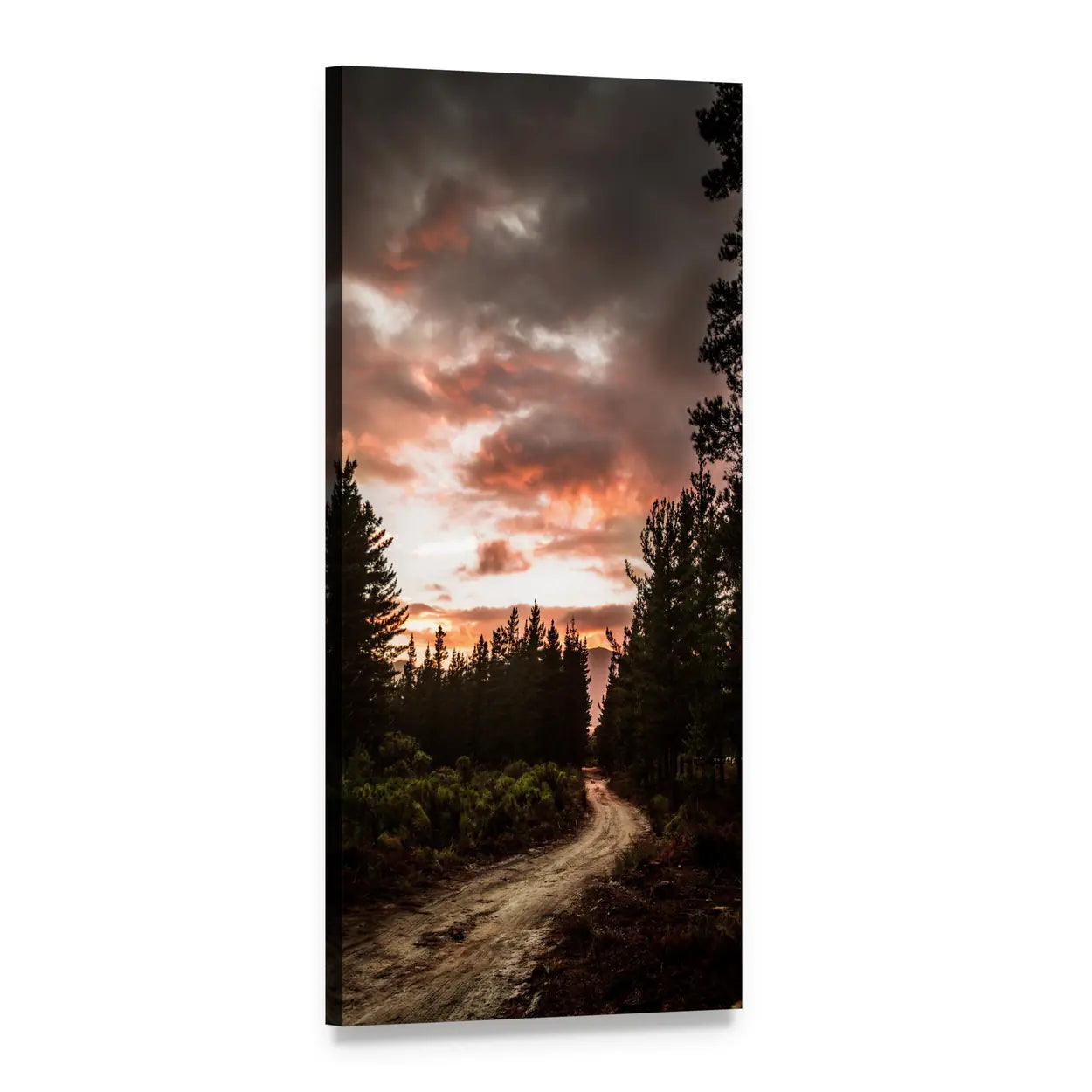 Dirt Road Into Forest at Fiery Sunset Vertical Canvas Wall Art, 1 panel 1 Vertical layout gallery wrapped canvas set, angled product view