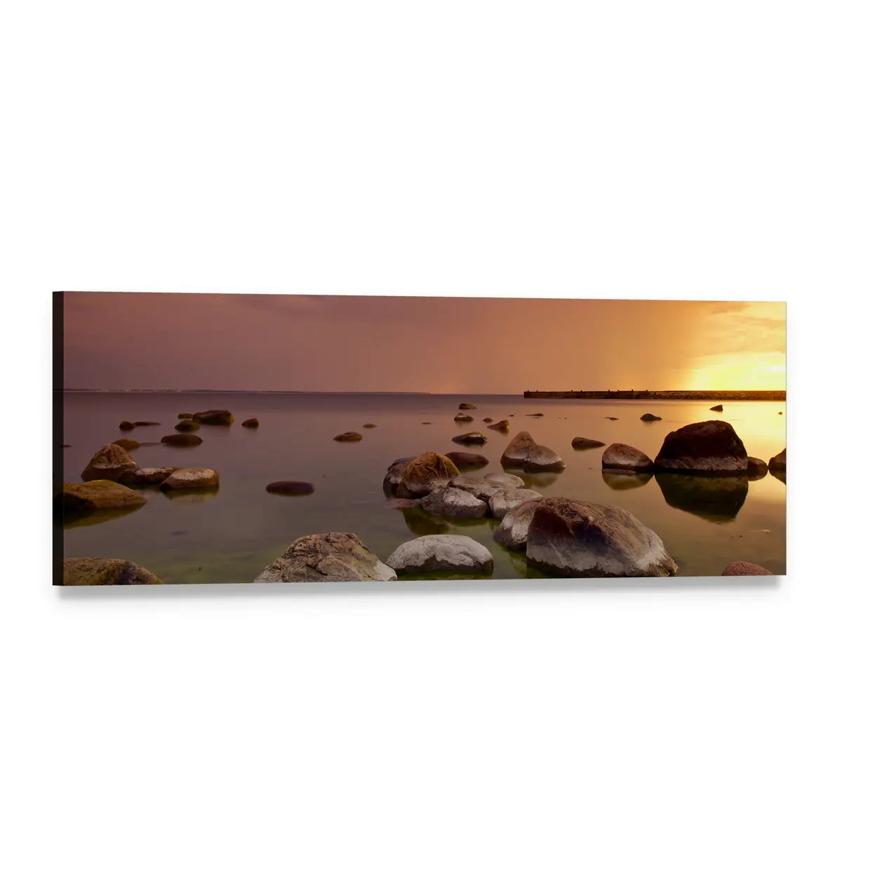 Sunset Over Rocky Coastal Sea Panoramic Canvas Wall Art, single panel gallery wrapped canvas, angled product view
