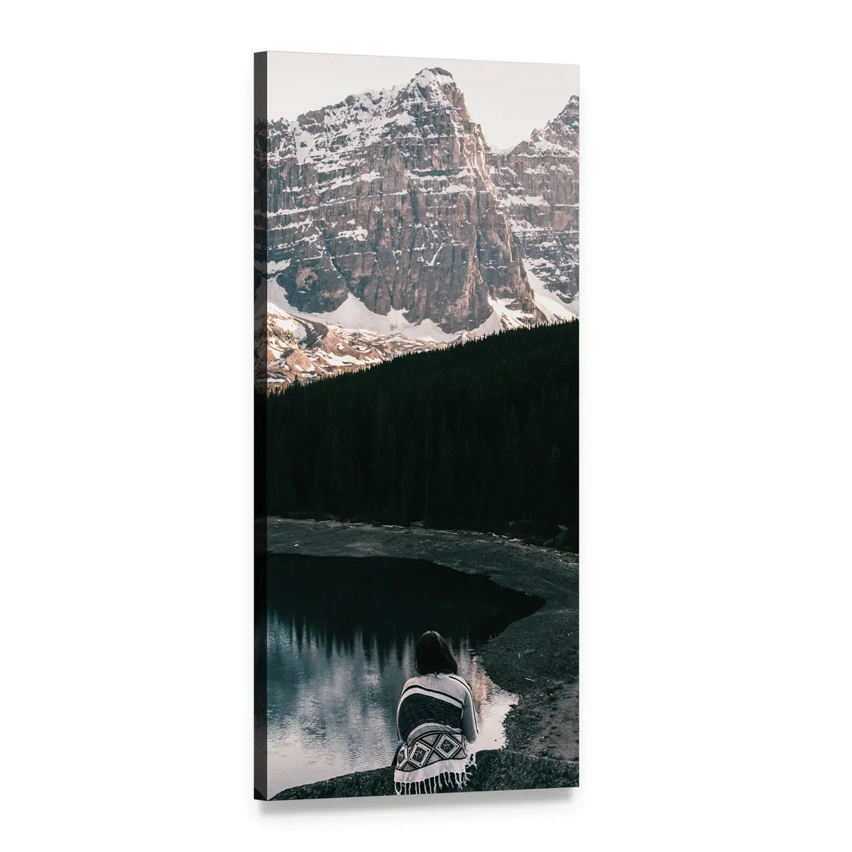 Person by Snow-capped Mountain Lake Vertical Canvas Wall Art, 1 panel 1 Vertical layout gallery wrapped canvas set, angled product view