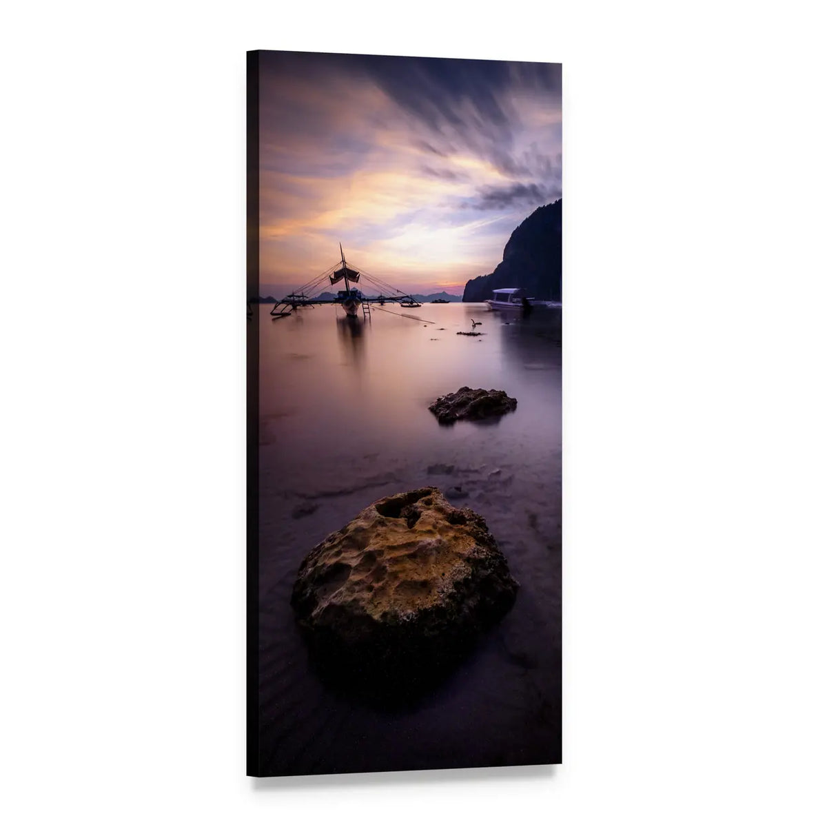 Dark Sunset with Boat Silhouette Vertical Canvas Wall Art, 1 panel 1 Vertical layout gallery wrapped canvas set, angled product view
