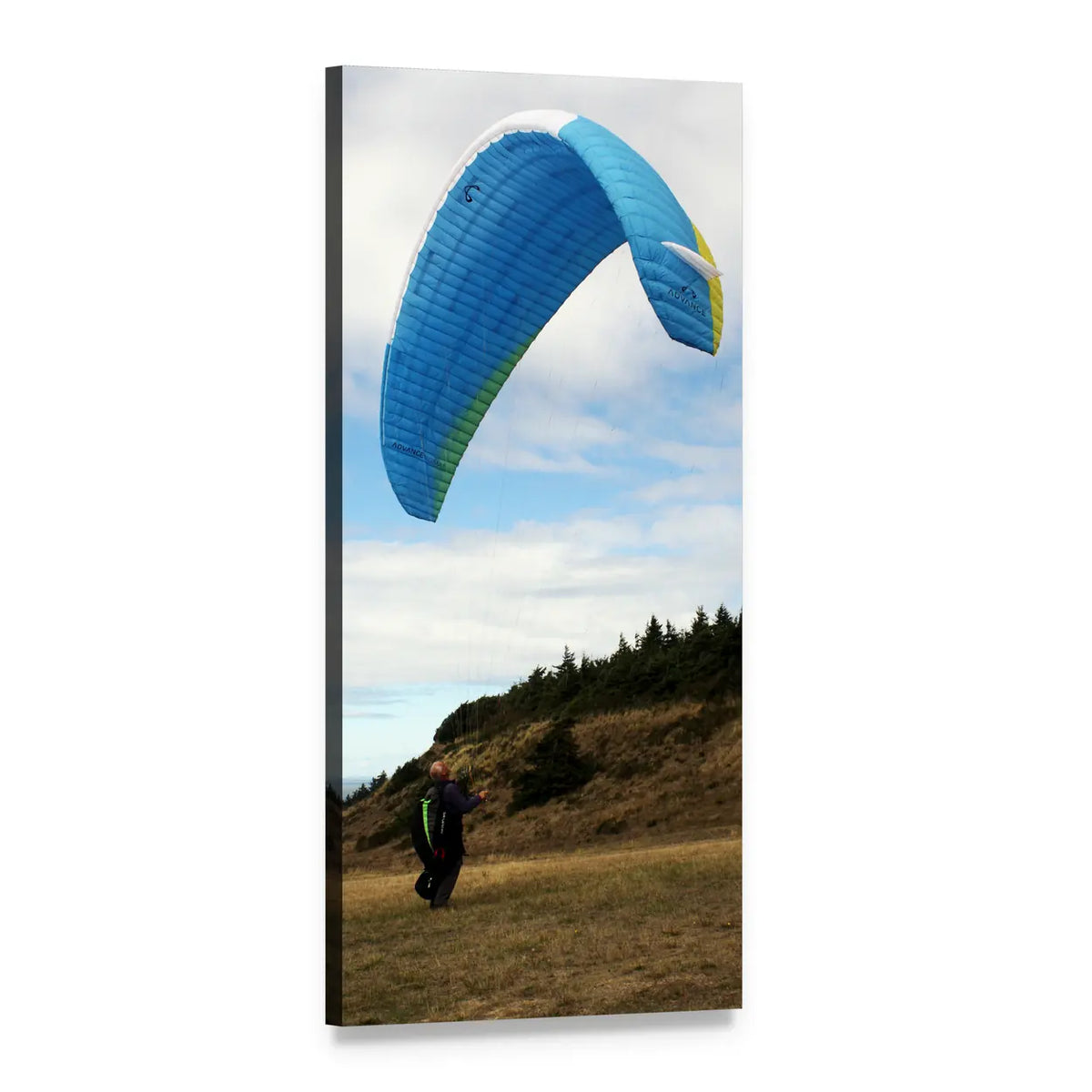 Paraglider Over Grassy Mountain Vertical Canvas Wall Art, 1 panel 1 Vertical layout gallery wrapped canvas set, angled product view