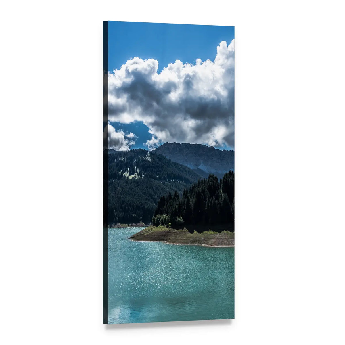 Turquoise Alpine Lake with Snow-capped Peaks Vertical Canvas Wall Art, 1 panel 1 Vertical layout gallery wrapped canvas set, angled product view