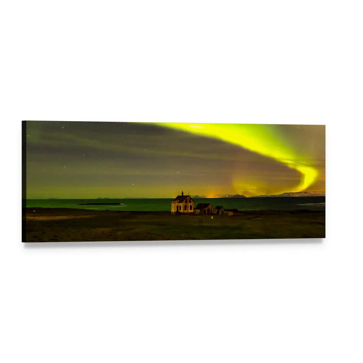 Northern Lights Over Iceland Panoramic Canvas Wall Art, single panel gallery wrapped canvas, angled product view