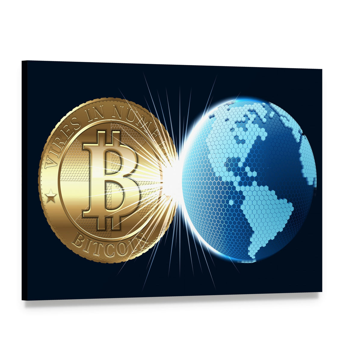 Geometric Bitcoin Globe Canvas Wall Art, single panel gallery wrapped canvas, angled product view