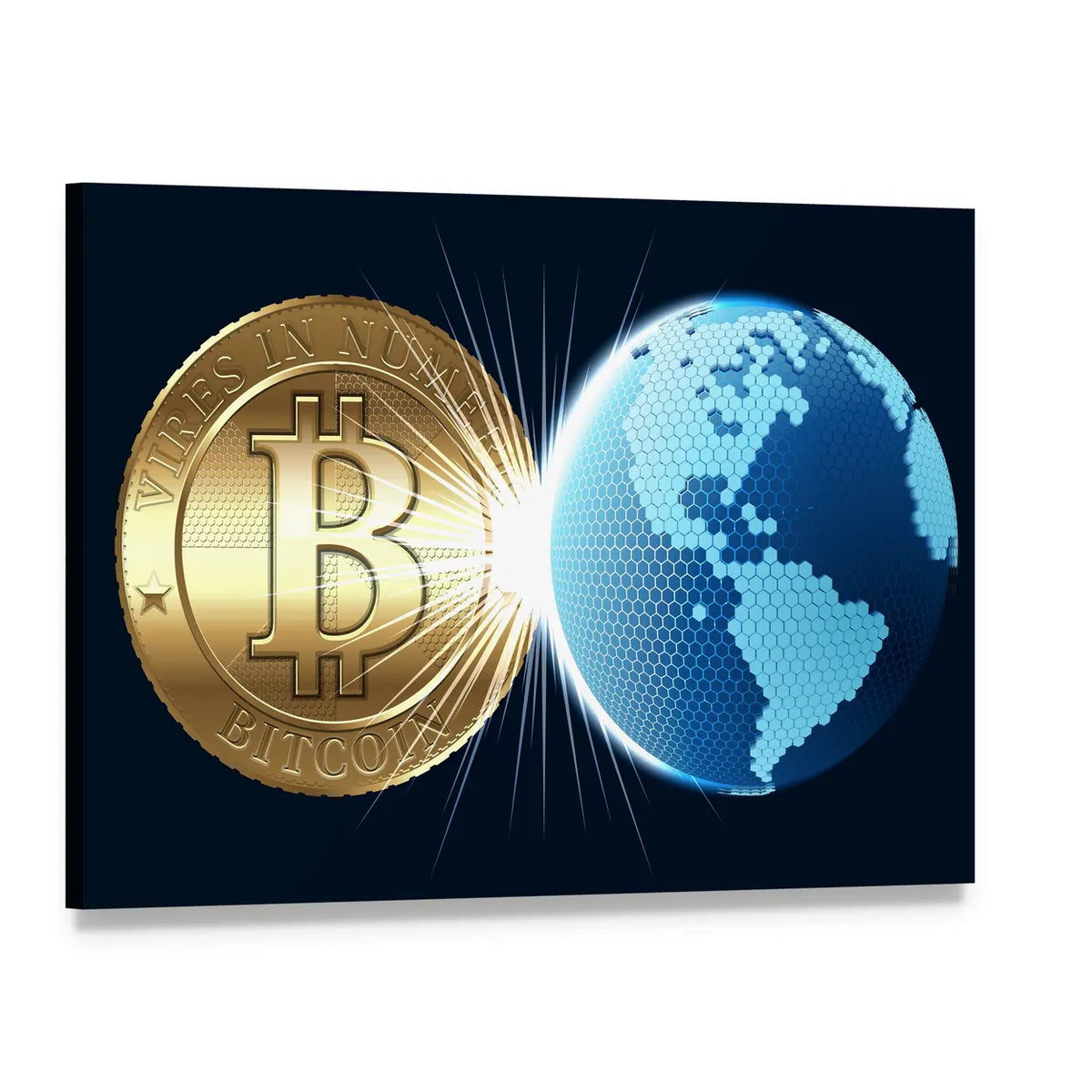 Bitcoin and Digital Globe Canvas Wall Art, single panel gallery wrapped canvas, angled product view