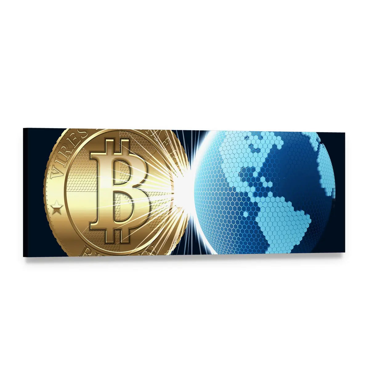 Bitcoin and Digital World Panoramic Canvas Wall Art, single panel gallery wrapped canvas, angled product view