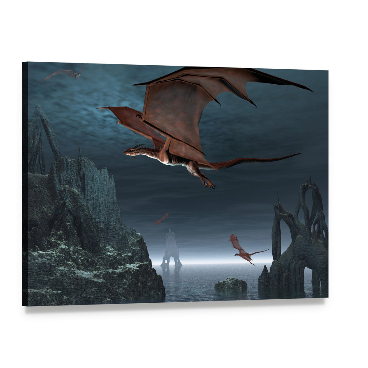 Red Dragons in Flight Canvas Wall Art, single panel gallery wrapped canvas, angled product view
