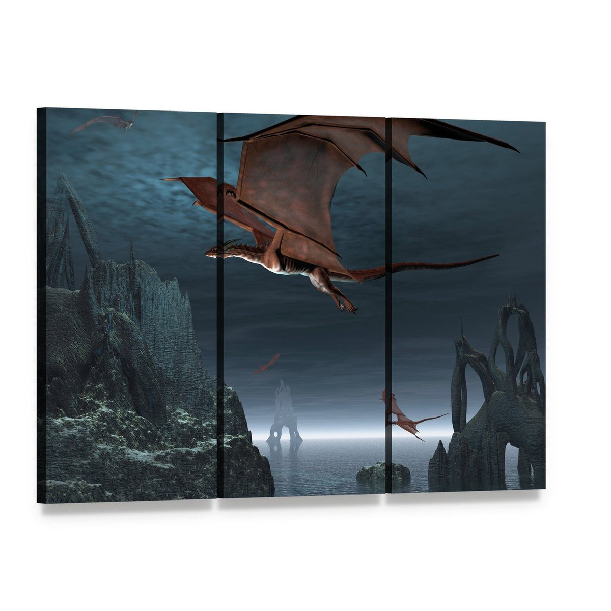 Red Dragons in Flight Canvas Wall Art, 3 panel 3 Horizontal layout gallery wrapped canvas set, angled product view
