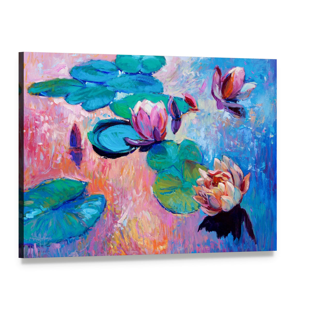 Watercolor Lilies Canvas Wall Art, single panel gallery wrapped canvas, angled product view