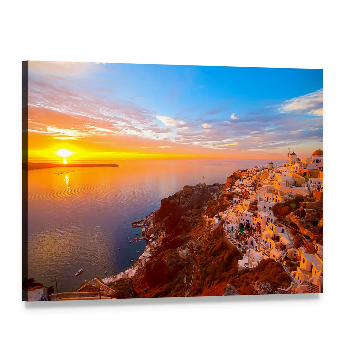 Santorini Sunset Over Clifftop Village Canvas Wall Art, single panel gallery wrapped canvas, angled product view