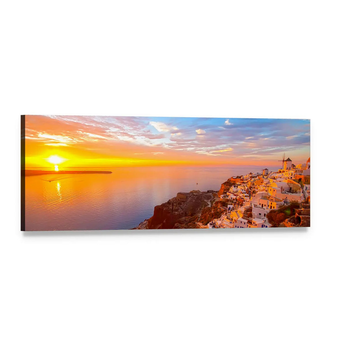 Romantic Sunset Over Oia Santorini Panoramic Canvas Wall Art, single panel gallery wrapped canvas, angled product view