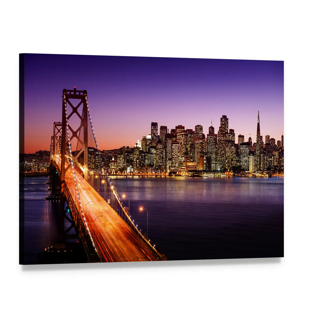 San Francisco Skyline and Bay Bridge at Sunset Canvas Wall Art, single panel gallery wrapped canvas, angled product view