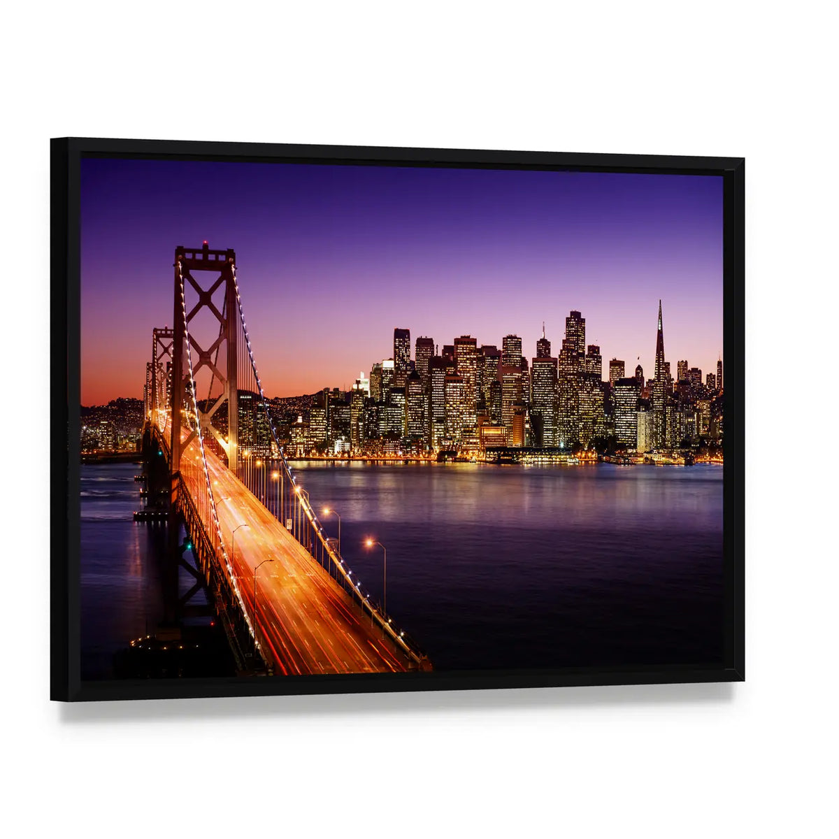 San Francisco Skyline and Bay Bridge at Sunset Canvas Wall Art, framed canvas in a black floater frame, angled product view